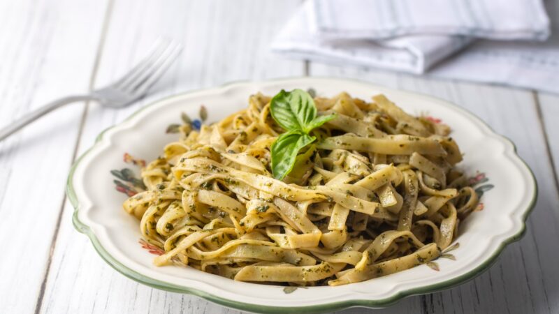 Tagliatelle pasta with cream and mushrooms, Fettuccine pasta.