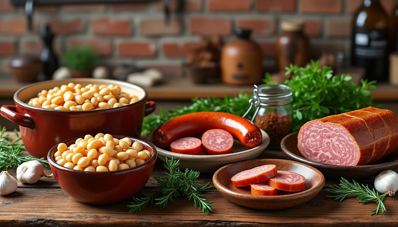 découvrez les ingrédients essentiels pour préparer un authentique cassoulet du sud fait maison : haricots fondants, confit de canard, saucisses savoureuses et aromates traditionnels, pour une recette conviviale et gourmande.