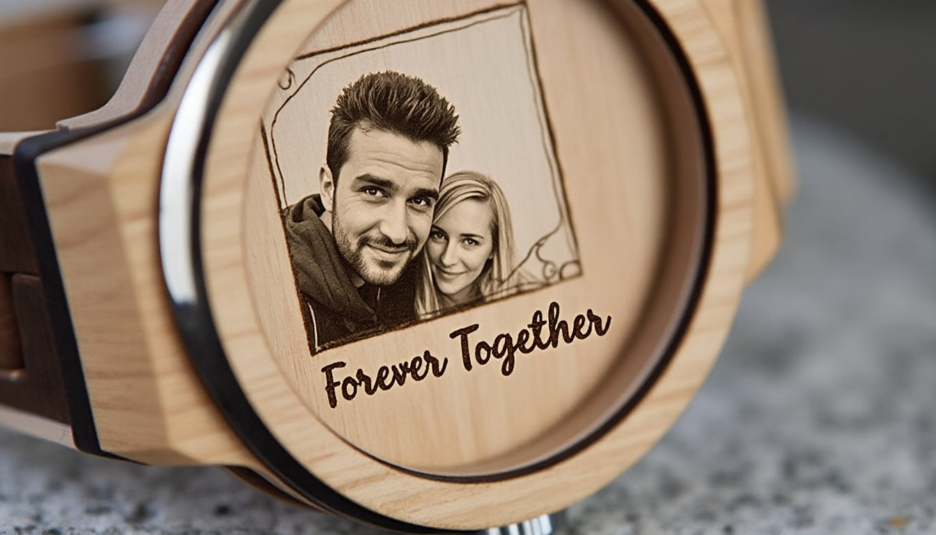 offrez une touche d’originalité avec une montre en bois personnalisable avec photo. un accessoire tendance et unique, parfait pour un cadeau mémorable et éco-responsable.