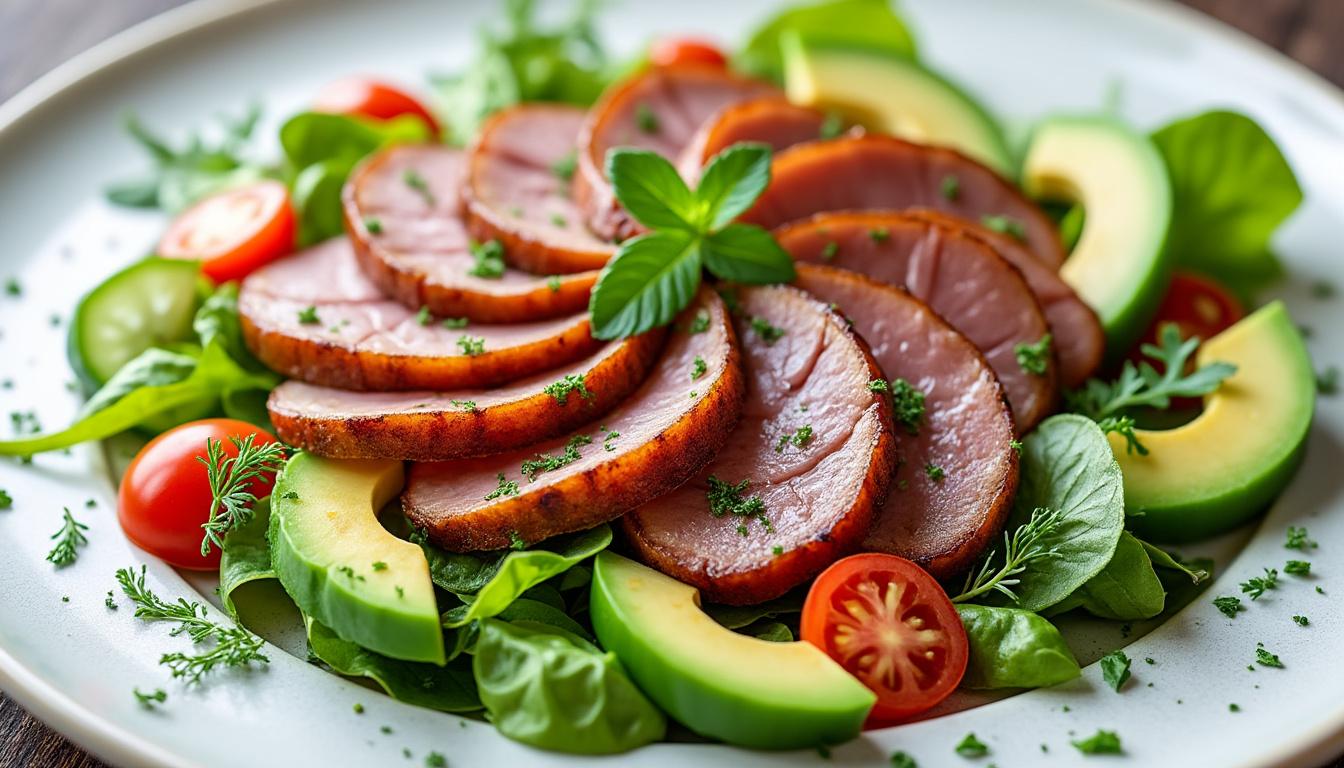dégustez l’alliance raffinée du magret de canard fumé et de l’avocat dans une salade gourmande et équilibrée, idéale pour un repas chic et savoureux.