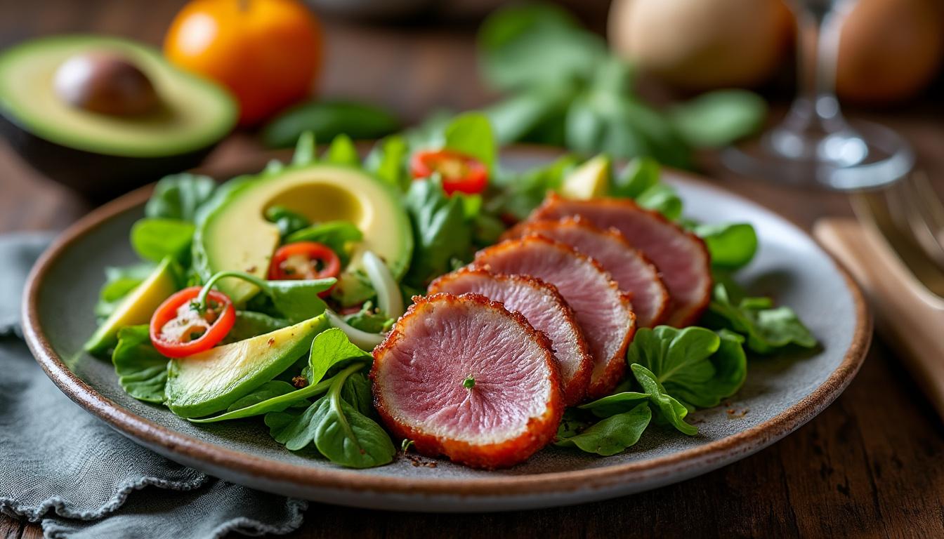 découvrez l’harmonie des saveurs avec notre salade au magret de canard fumé et avocat : une recette raffinée et équilibrée, idéale pour un repas gourmand et léger.