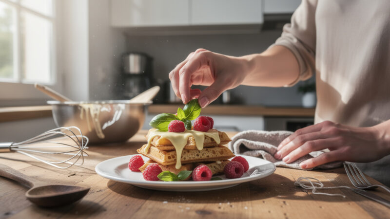 Comment réaliser une recette de gaufres au chocolat blanc, framboise et basilic ?