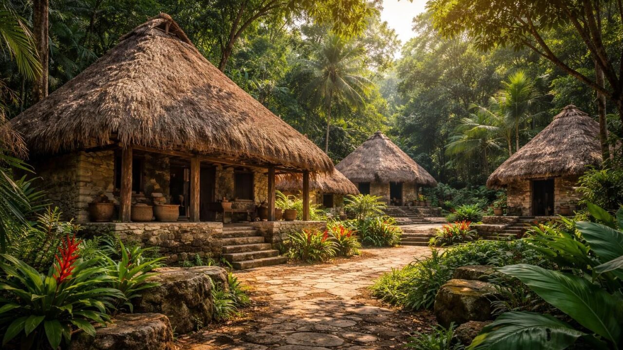 Architecture authentique des maisons traditionnelles mayas