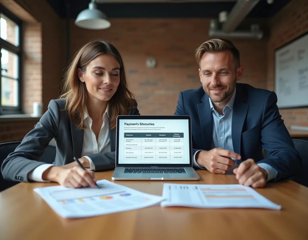 Deux professionnels comparant les fonctionnalités de sécurité des paiements de sites concurrents en réunion