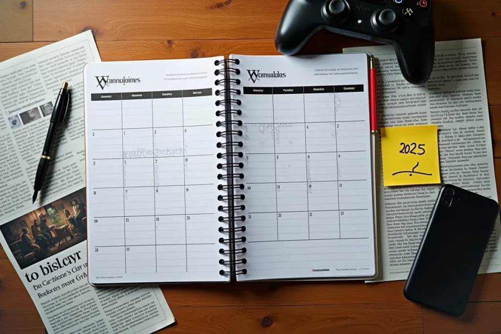 Vue aérienne d'un bureau avec calendrier annoté, smartphone et articles imprimés sur les scénarios de sortie de GTA 6