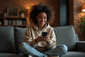 Jeune femme souriante lisant des citations piquantes sur son smartphone, ambiance soirée décontractée à la maison