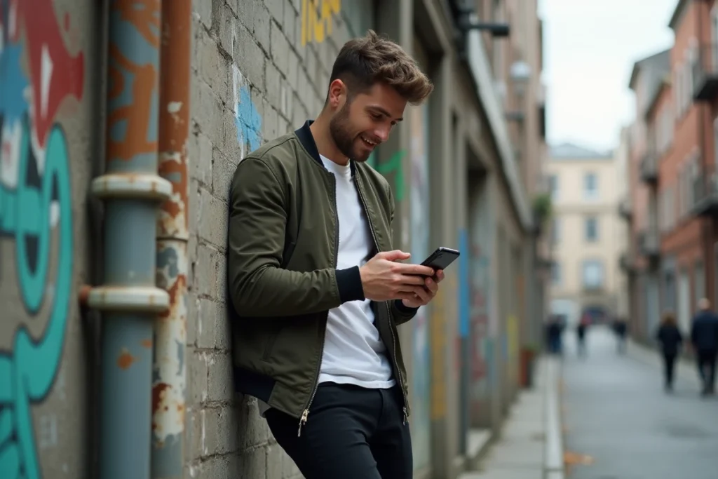Homme en veste bomber souriant avec incrédulité devant des citations TikTok dans une ruelle urbaine