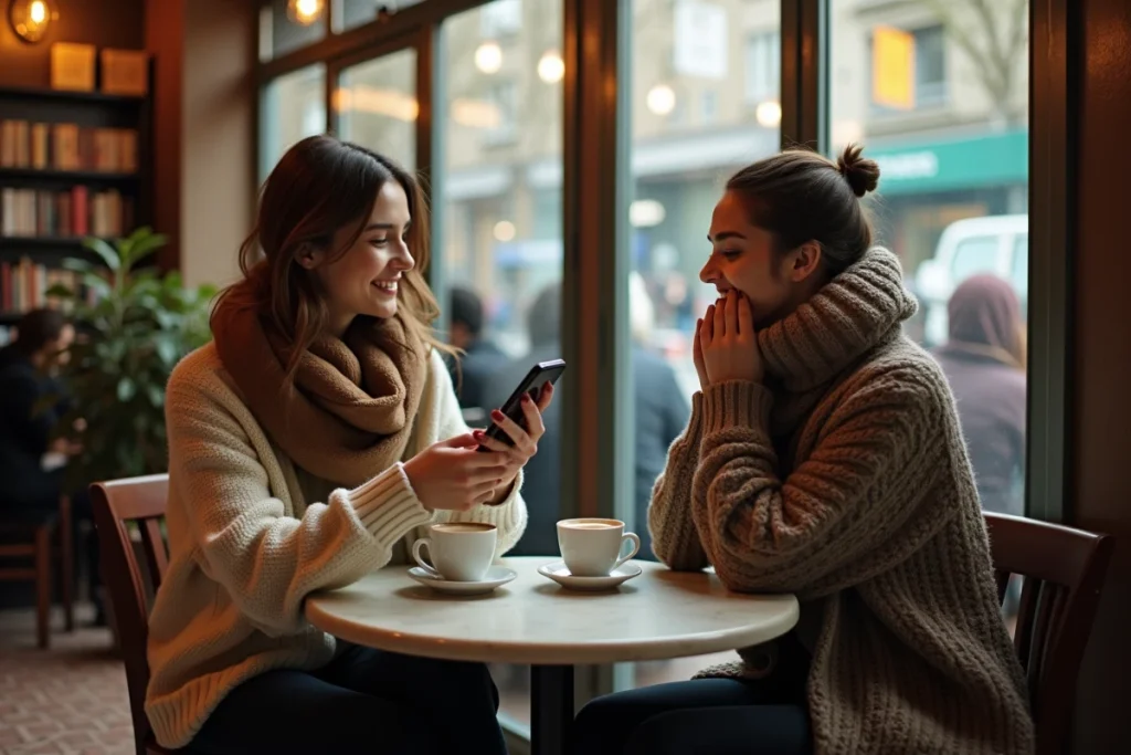 Deux amies hilares partageant des citations humoristiques TikTok sur un téléphone dans un café parisien