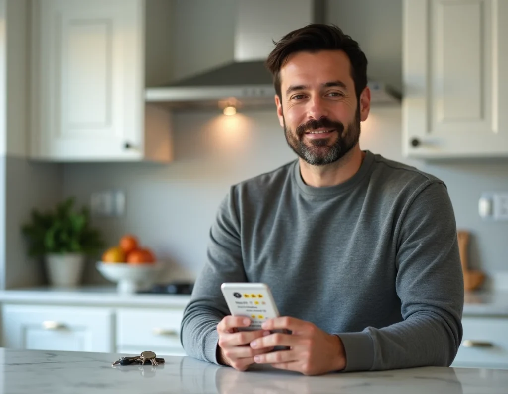 Homme comparant la protection des paiements sur différents sites via une application mobile dans une cuisine