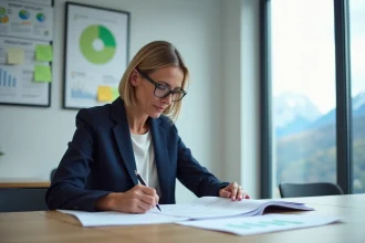 Directrice d'ESSMS à Grenoble analysant des documents d'évaluation interne autour d'une table de réunion avec vue sur les montagnes