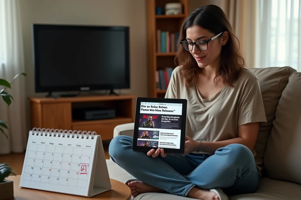 Femme consultant les informations sur la date de sortie et les reports de GTA 6 sur une tablette avec un calendrier annoté