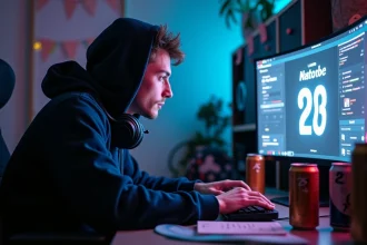 Jeune joueur attentif devant un écran affichant un compte à rebours pour la date de sortie de GTA 6