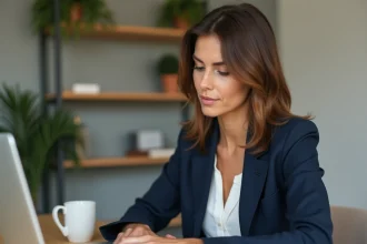 Femme analysant la sécurité d'un paiement en ligne sur un ordinateur portable dans un bureau moderne