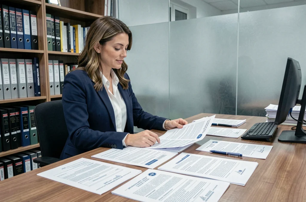 Agent immobilière analysant les documents de diagnostic technique avant la vente d'un bien