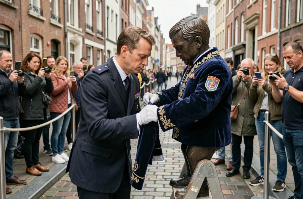 Un agent municipal bruxellois en gants blancs habille cérémoniellement le Manneken-Pis d'un costume en velours brodé sous le regard de touristes