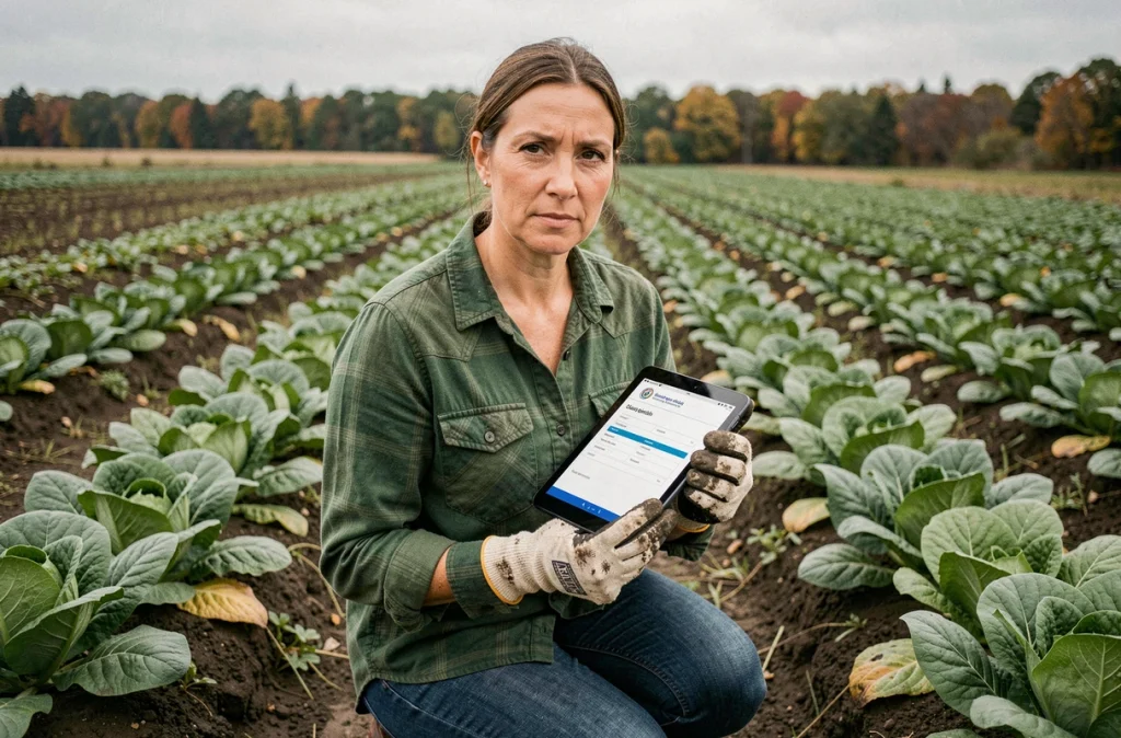 Agricultrice consultant une aide financière sur tablette dans son champ de légumes en automne