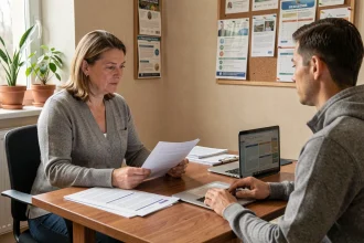 Une aidante familiale discutant du financement d'un séjour de répit avec une assistante sociale dans un bureau associatif