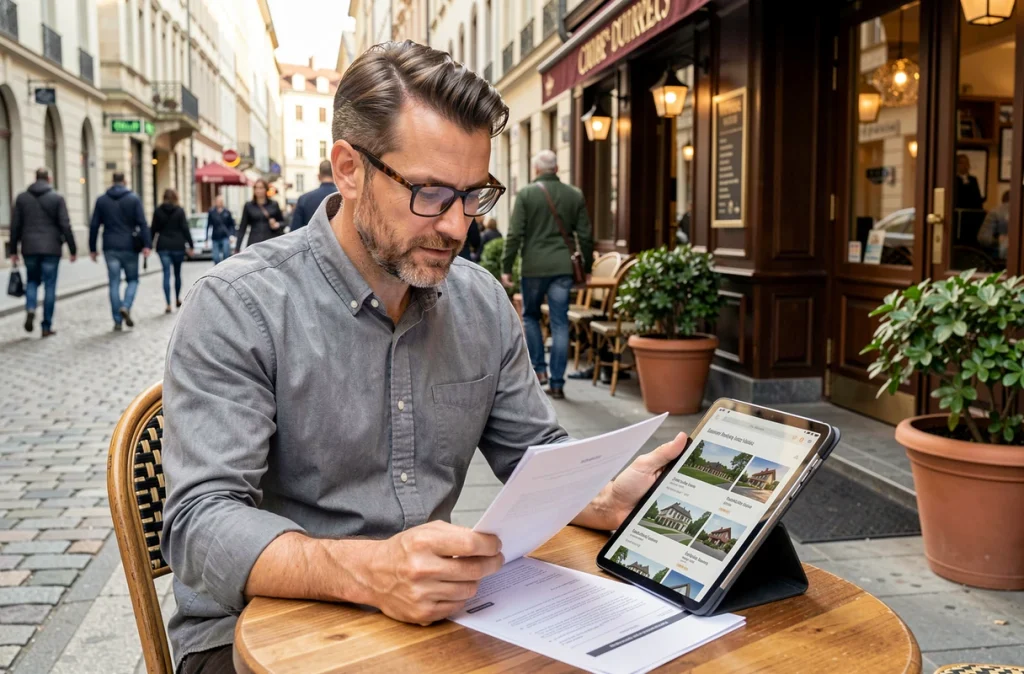 Homme analysant des documents immobiliers en terrasse de café en centre-ville, symbolisant la recherche d'un investissement locatif urbain