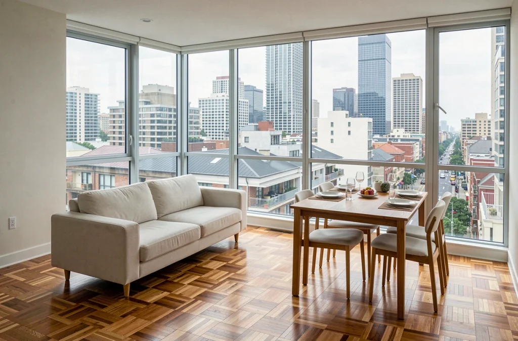 Appartement moderne lumineux en centre-ville avec vue sur les toits urbains, idéal pour un investissement locatif rentable