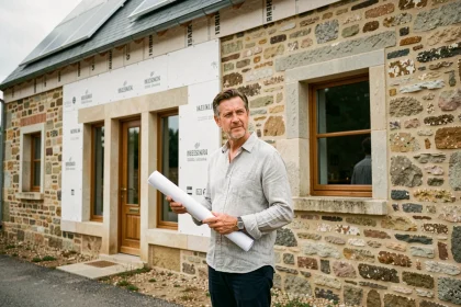 Architecte devant une maison ancienne rénovée avec isolation thermique et fenêtres à double vitrage en milieu rural français