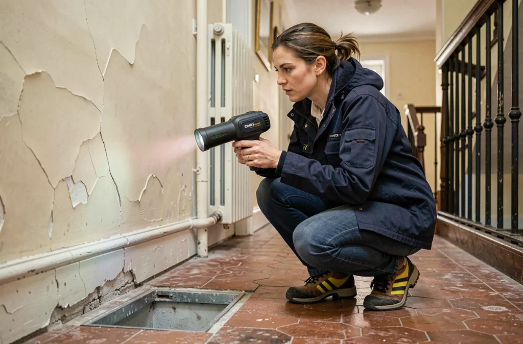 Auditrice énergétique réalisant un diagnostic thermique dans le couloir d'un immeuble haussmannien avec caméra infrarouge