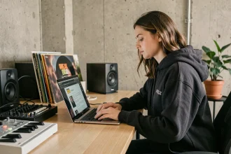 Jeune femme bloguant sur la musique électronique depuis son home studio avec MacBook et contrôleur MIDI