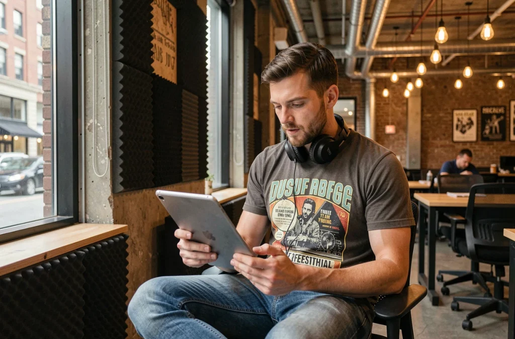 Homme consultant son blog de musique électronique sur tablette dans un espace de coworking urbain