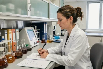 Chercheuse en laboratoire effectuant des calculs de concentration en PPM sur papier millimétré entourée de verrerie analytique