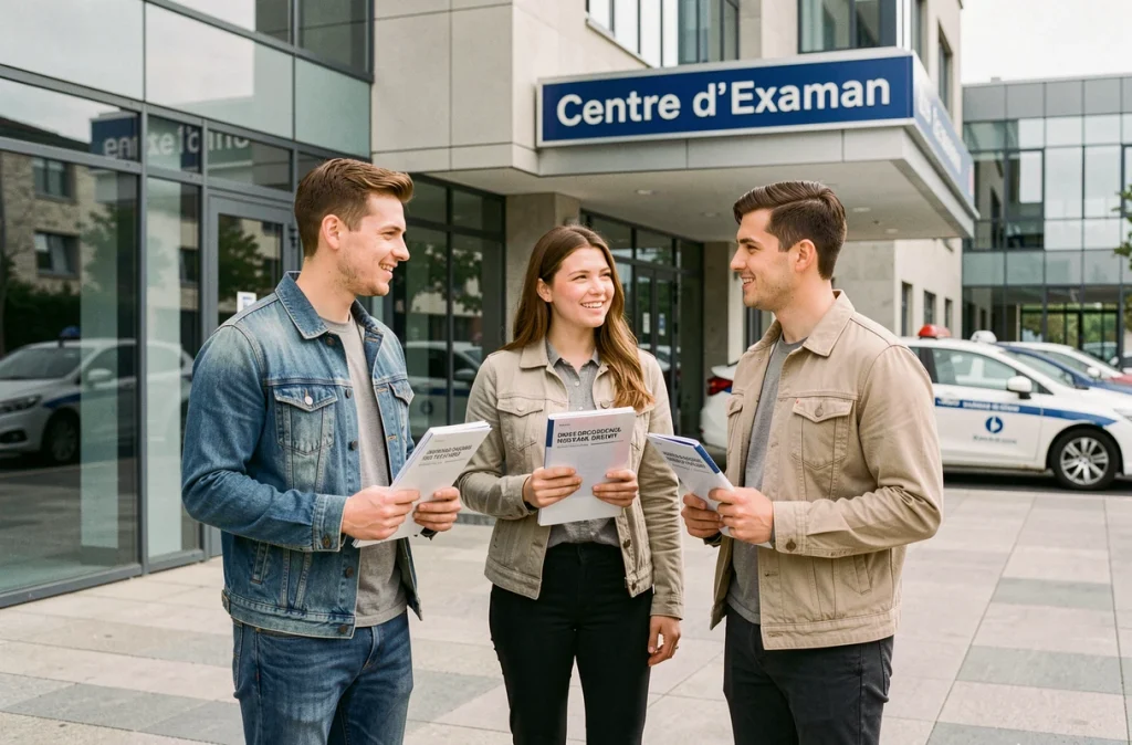 Trois candidats au permis de conduire devant un centre d'examen officiel dans le cadre de la mise en vigueur de la réforme