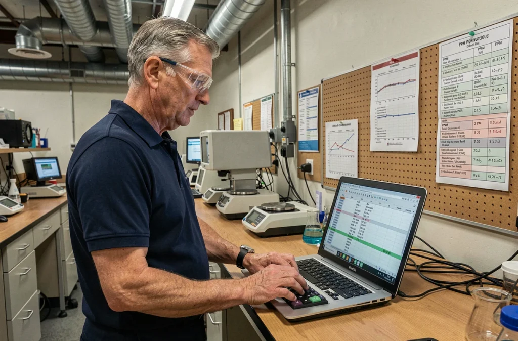 Chimiste utilisant une calculatrice scientifique pour des conversions PPM dans un laboratoire de contrôle qualité industriel