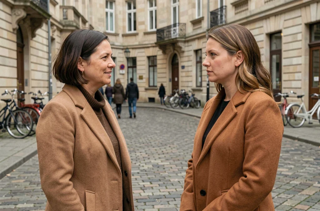 Deux femmes en manteaux d'automne discutant calmement dans une rue pavée européenne, illustrant une réponse élégante à l'hypocrisie