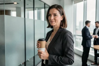 Femme élégante en blazer gris dans un bureau moderne, sourire confiant symbolisant la répartie classe face à l'hypocrisie