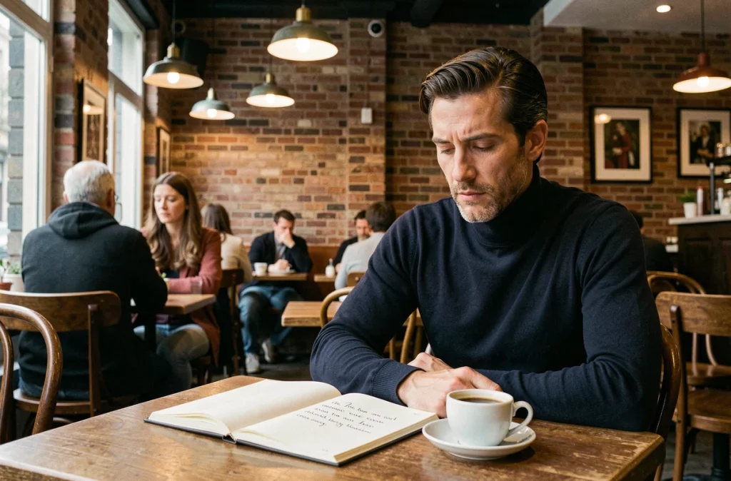 Homme pensif dans un café parisien écrivant une citation sur l'hypocrisie dans un carnet, atmosphère introspective et authentique