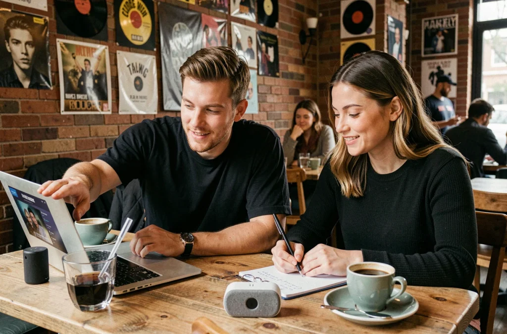 Deux créateurs collaborant sur le lancement d'un blog de musique électronique dans un café
