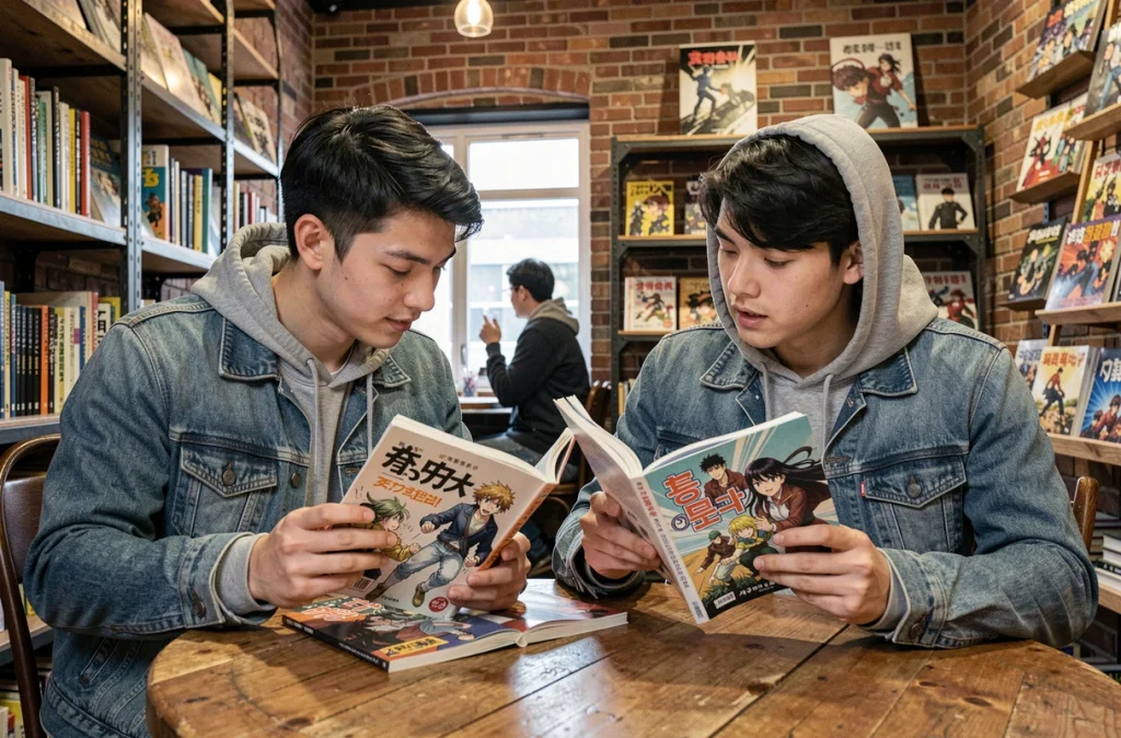 Deux jeunes hommes comparant des volumes de manga japonais et manhwa coréen dans un café librairie indépendant