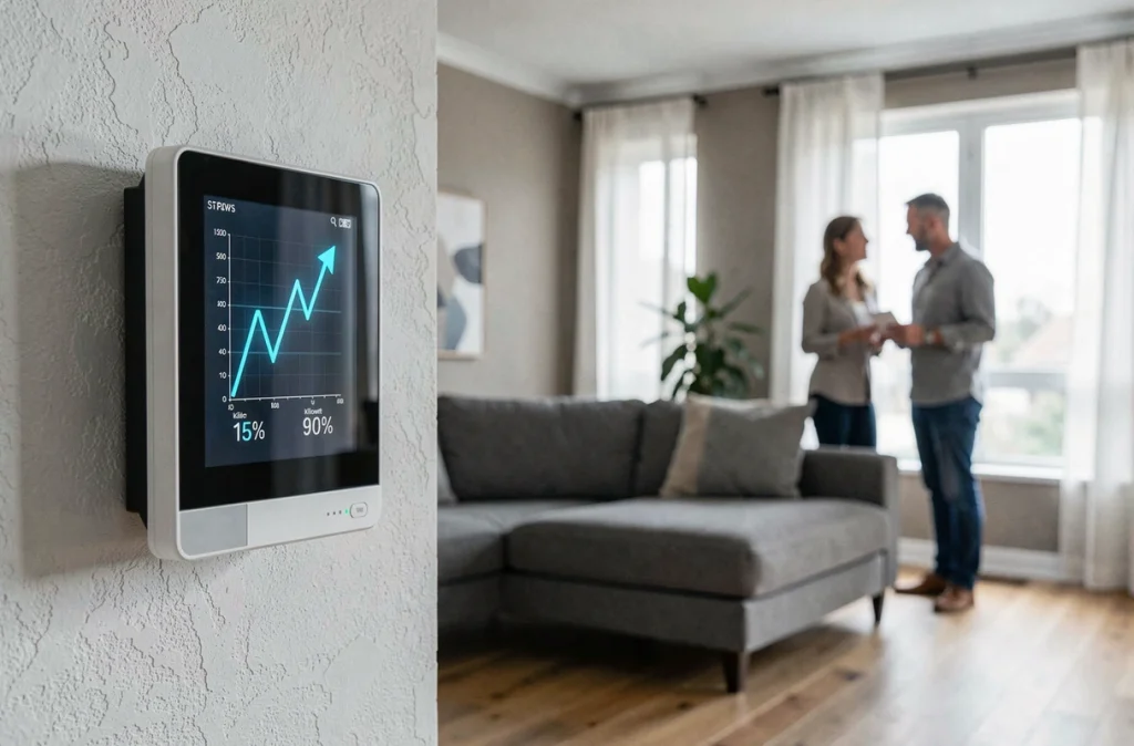 Compteur énergétique intelligent affichant une baisse de consommation dans un salon moderne avec un couple en arrière-plan