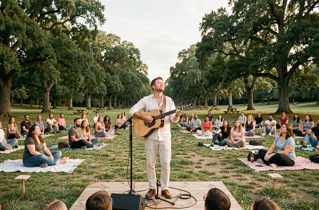 Musicien en concert lors d'un festival d'été avec un public assis en distanciation sociale sur une pelouse