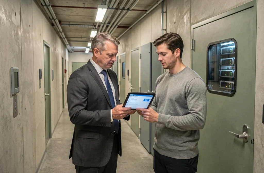 Deux consultants en sécurité informatique examinent un rapport d'audit de cybersécurité devant l'entrée sécurisée d'un centre de données gouvernemental
