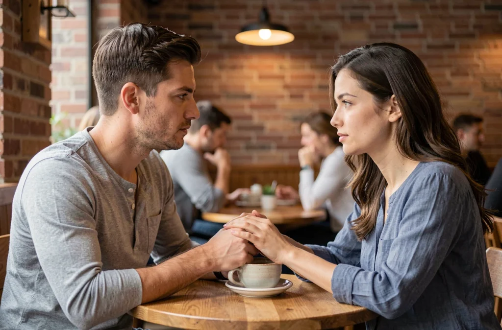 Couple au café se touchant timidement les mains, symbolisant la confiance fragile et sincère dans une relation amoureuse