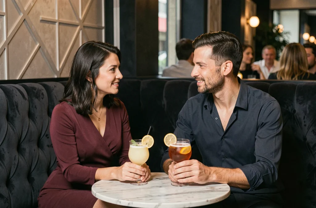 Couple adulte en tête-à-tête dans un salon VIP de club à Lille, cocktails sur table en marbre, atmosphère intime