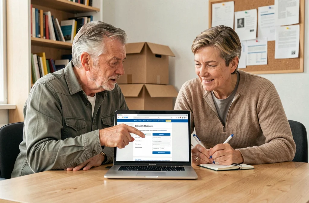 Couple comparant les alternatives gratuites au changement d'adresse La Poste sur un ordinateur portable