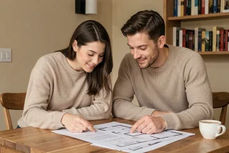 Couple étudiant des documents immobiliers à la table de leur appartement lors de leur premier achat