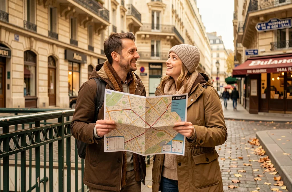 Couple de touristes consultant un plan du métro de Paris en sortant d'une station à l'air libre