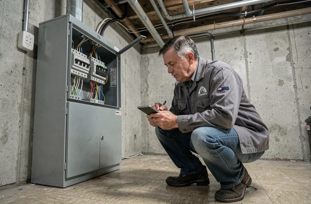 Technicien réalisant un diagnostic électrique dans une cave avant la mise en vente d'un logement