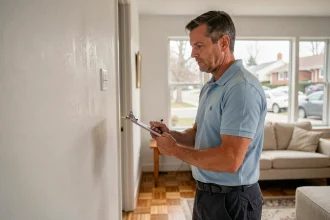 Diagnostiqueur immobilier examinant les murs d'un appartement avant une vente immobilière