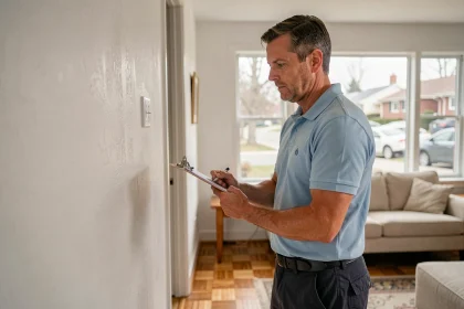 Diagnostiqueur immobilier examinant les murs d'un appartement avant une vente immobilière