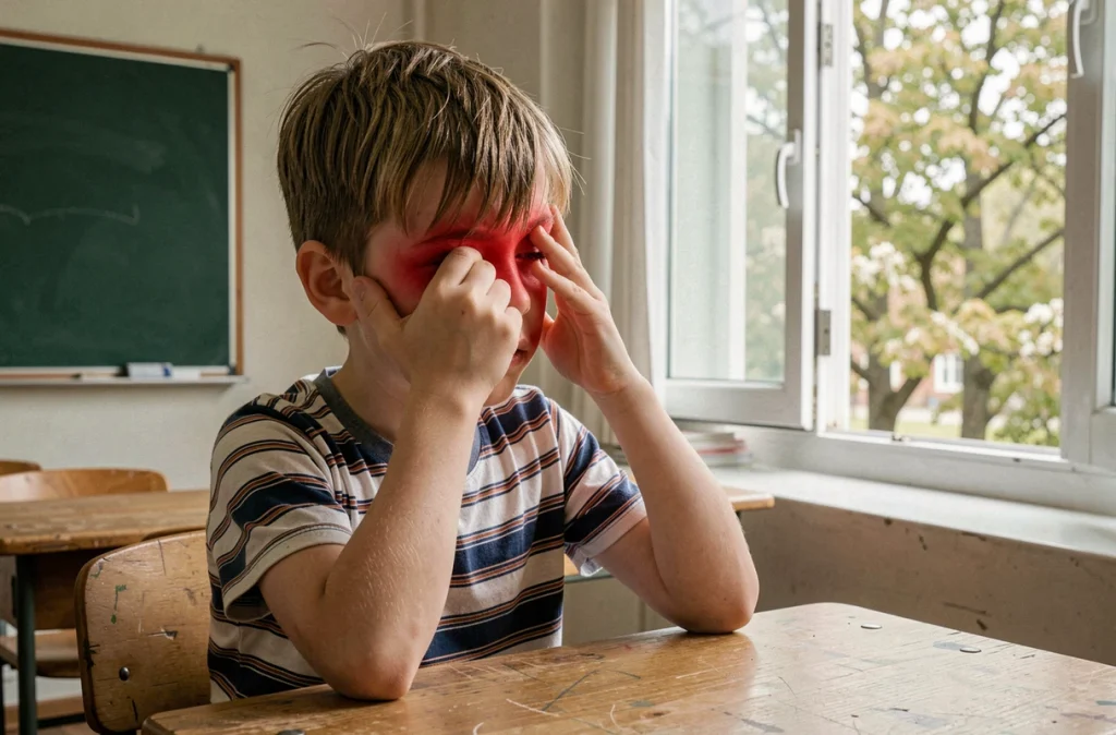 Jeune écolier aux yeux rouges et larmoyants à cause des allergies au pollen près d'une fenêtre ouverte en classe