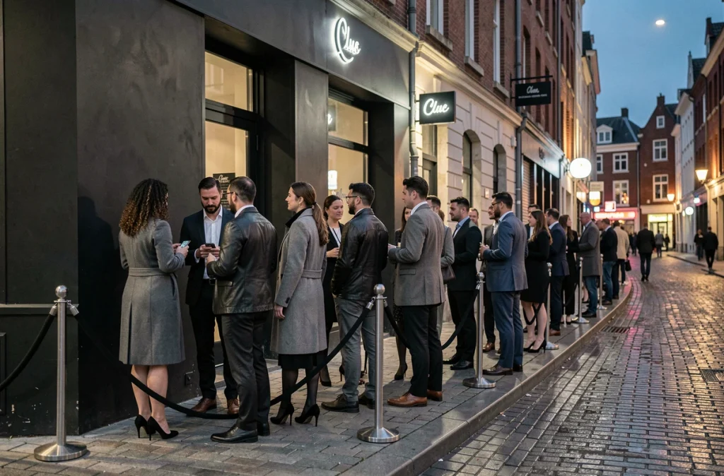 File d'attente devant l'entrée d'un club nocturne moderne à Lille, façade urbaine, ambiance soirée en plein air