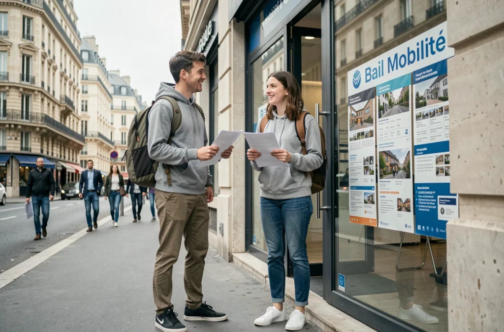 Deux étudiants devant une agence immobilière affichant des offres de bail mobilité en ville