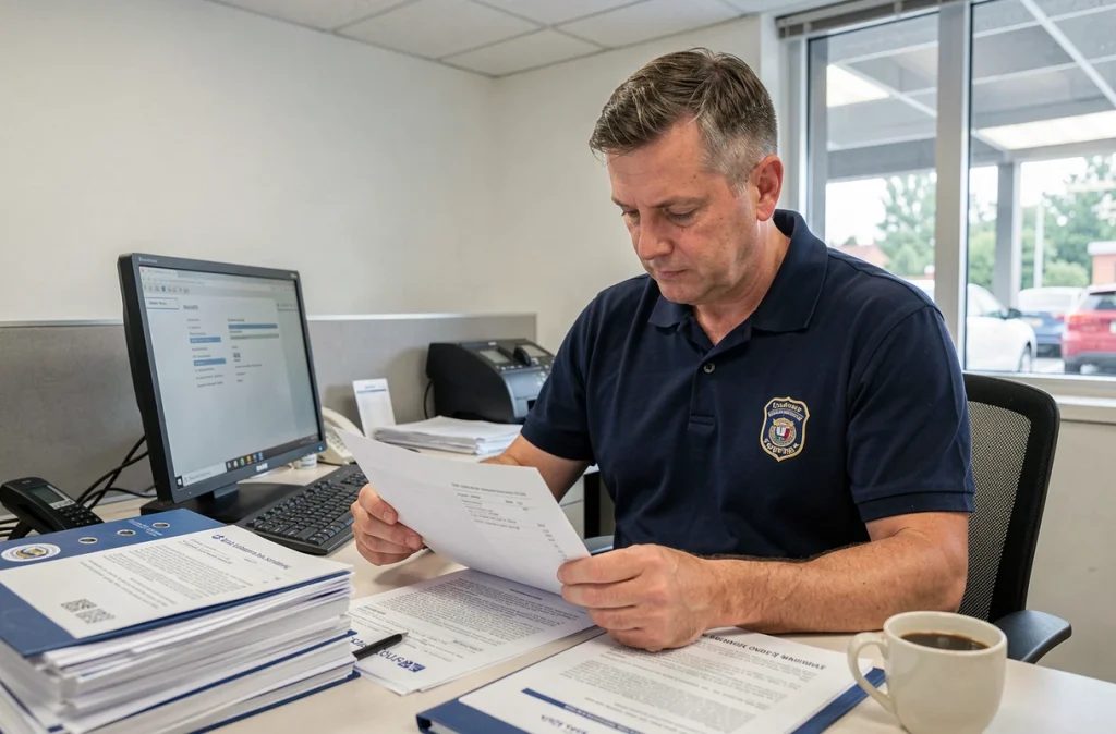 Examinateur du permis de conduire étudiant les nouvelles réglementations liées à la réforme dans un bureau administratif officiel